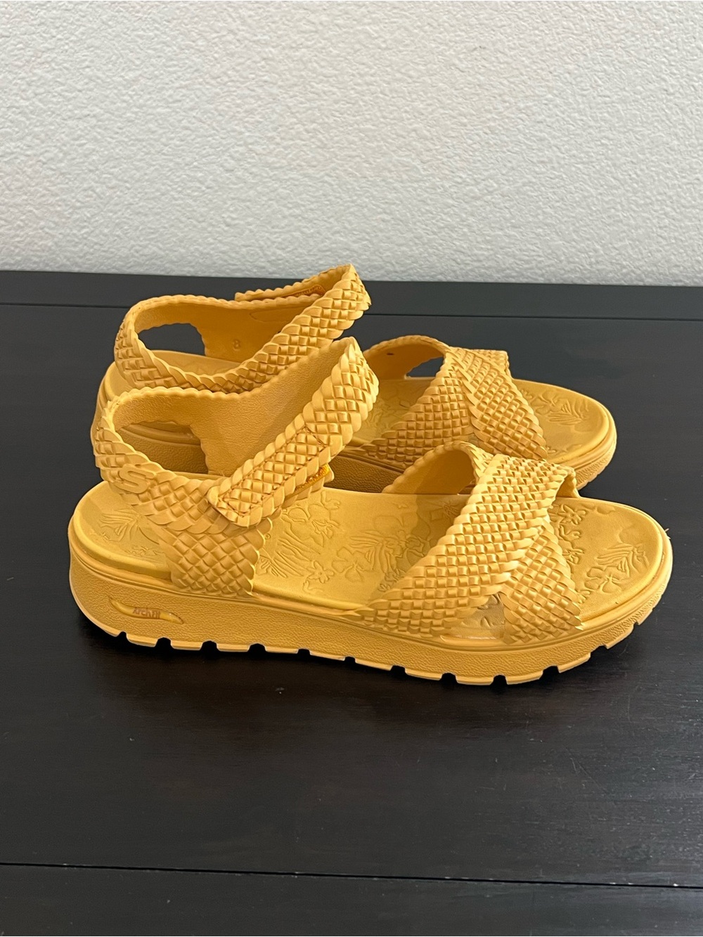 Skechers Foamies Arch Fit Sandals Textured, Yellow Mustard Velcro Strap Sandals